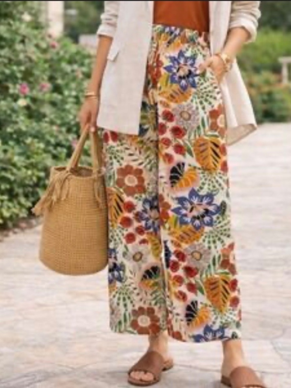 C + C California Floral Linen Wide Leg Cropped Pants Size L